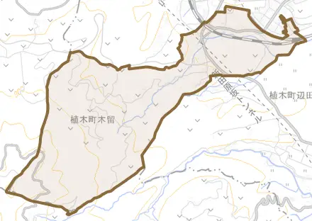 植木町木留とその周辺の地図。町の範囲を重ねている