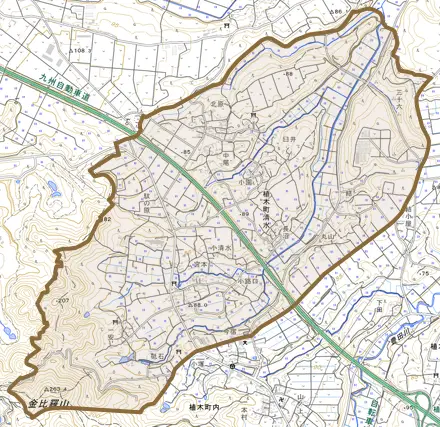 植木町清水とその周辺の地図。町の範囲を重ねている