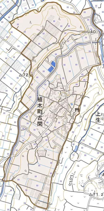 植木町古閑とその周辺の地図。町の範囲を重ねている