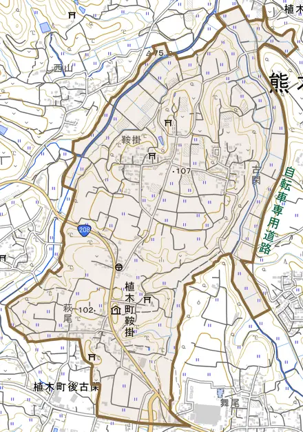 植木町鞍掛とその周辺の地図。町の範囲を重ねている