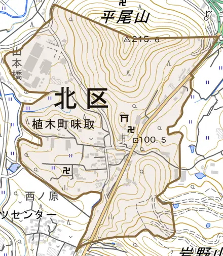 植木町味取とその周辺の地図。町の範囲を重ねている