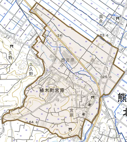植木町宮原とその周辺の地図。町の範囲を重ねている