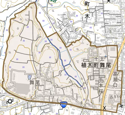 植木町舞尾とその周辺の地図。町の範囲を重ねている