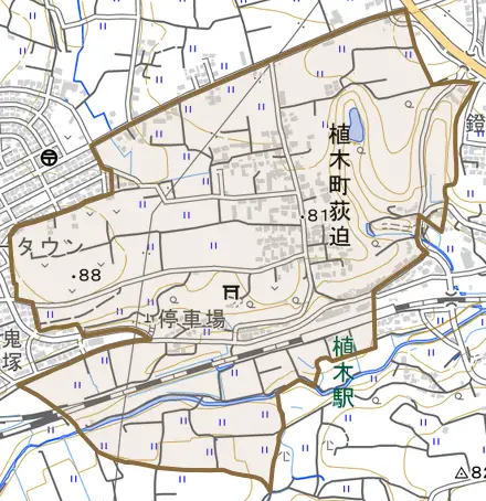 植木町荻迫とその周辺の地図。町の範囲を重ねている