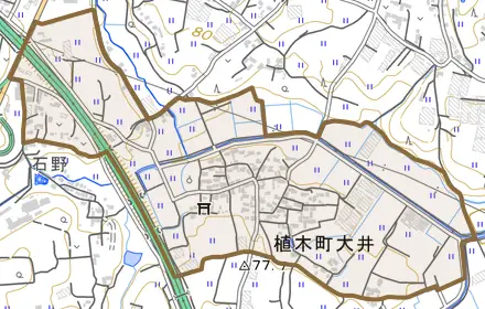 植木町大井とその周辺の地図。町の範囲を重ねている