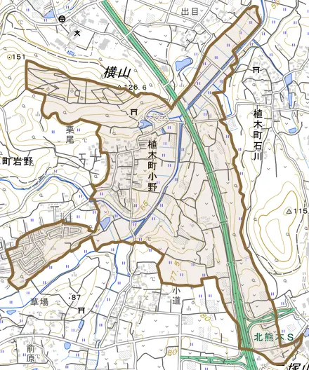植木町小野とその周辺の地図。町の範囲を重ねている