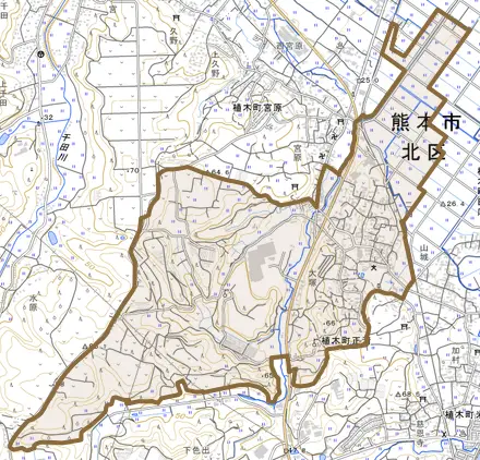 植木町正清とその周辺の地図。町の範囲を重ねている
