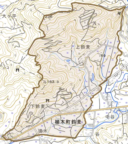 植木町鈴麦とその周辺の地図。町の範囲を重ねている