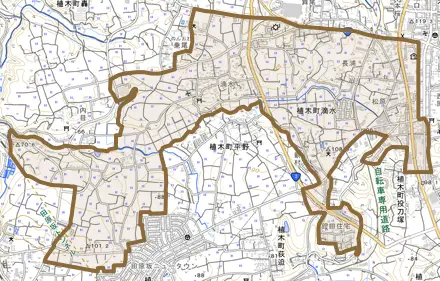 植木町滴水とその周辺の地図。町の範囲を重ねている