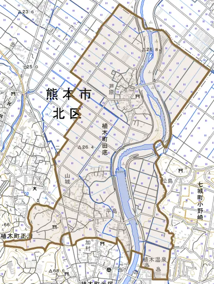 植木町田底とその周辺の地図。町の範囲を重ねている