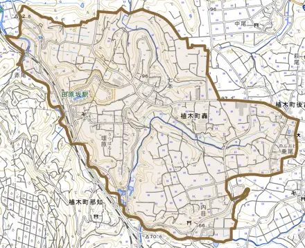 植木町轟とその周辺の地図。町の範囲を重ねている