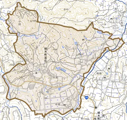 植木町富応とその周辺の地図。町の範囲を重ねている