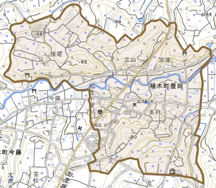 植木町豊田とその周辺の地図。町の範囲を重ねている