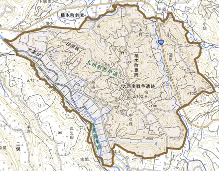 植木町豊岡とその周辺の地図。町の範囲を重ねている