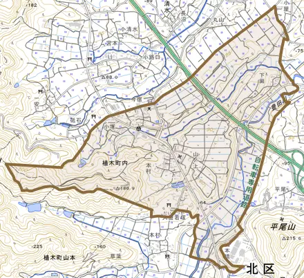 植木町内とその周辺の地図。町の範囲を重ねている