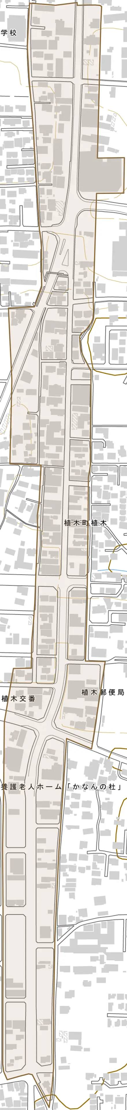 植木町植木とその周辺の地図。町の範囲を重ねている