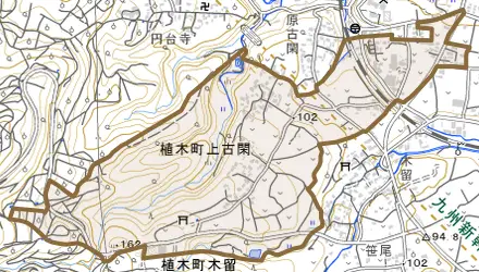 植木町上古閑とその周辺の地図。町の範囲を重ねている