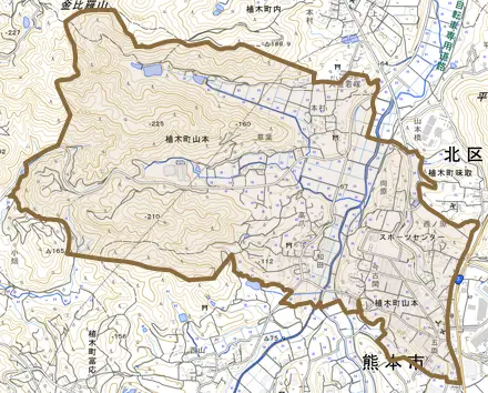 植木町山本とその周辺の地図。町の範囲を重ねている