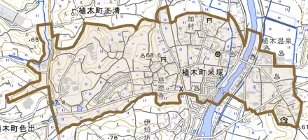 植木町米塚とその周辺の地図。町の範囲を重ねている