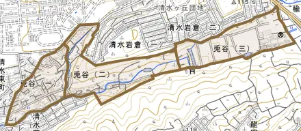 兎谷とその周辺の地図。町の範囲を重ねている