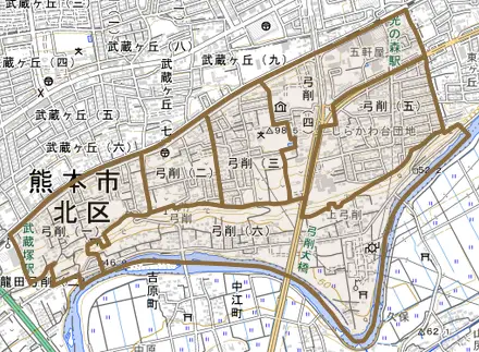弓削とその周辺の地図。町の範囲を重ねている