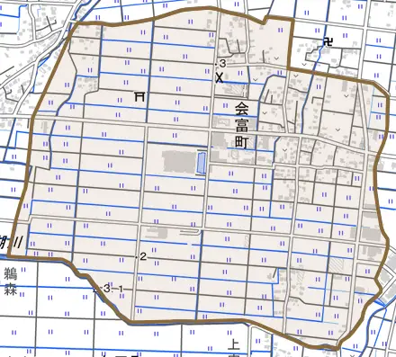 会富町とその周辺の地図。町の範囲を重ねている