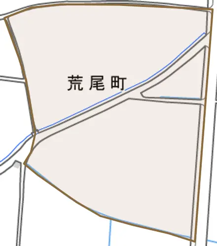 荒尾町とその周辺の地図。町の範囲を重ねている