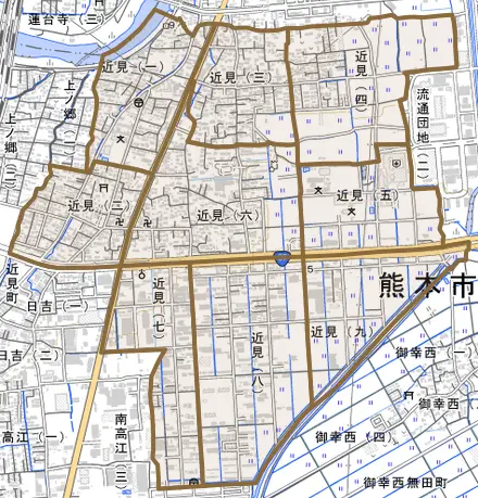 近見とその周辺の地図。町の範囲を重ねている