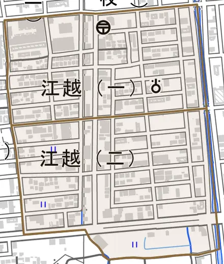 江越とその周辺の地図。町の範囲を重ねている