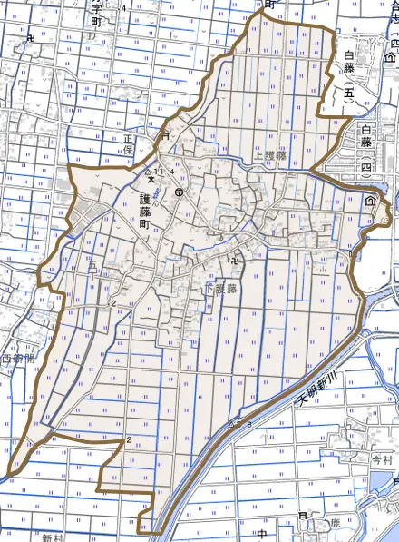 護藤町とその周辺の地図。町の範囲を重ねている