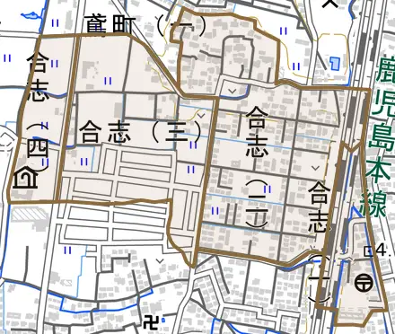 合志とその周辺の地図。町の範囲を重ねている