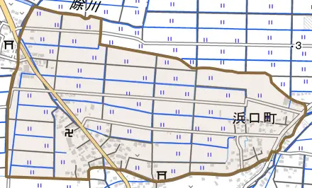 浜口町とその周辺の地図。町の範囲を重ねている