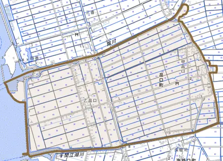 畠口町とその周辺の地図。町の範囲を重ねている