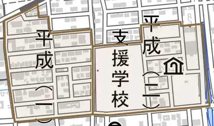 平成とその周辺の地図。町の範囲を重ねている