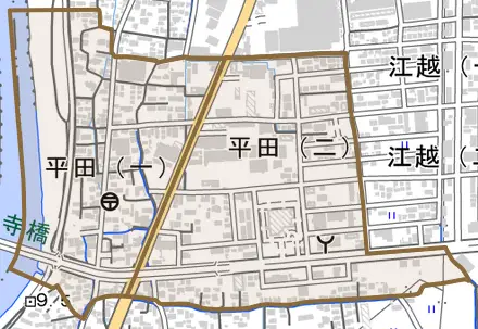 平田とその周辺の地図。町の範囲を重ねている