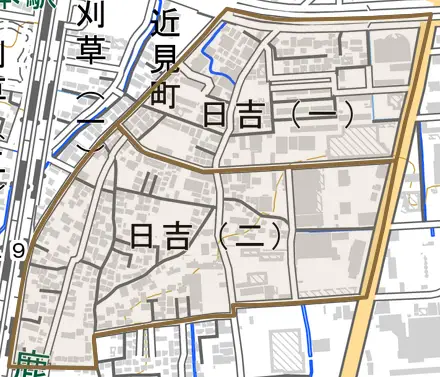 日吉とその周辺の地図。町の範囲を重ねている