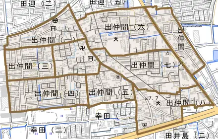 出仲間とその周辺の地図。町の範囲を重ねている