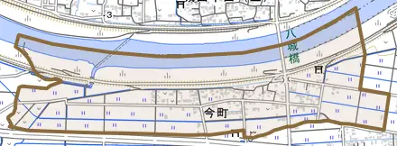 今町とその周辺の地図。町の範囲を重ねている