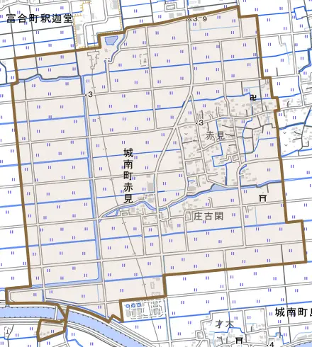 城南町赤見とその周辺の地図。町の範囲を重ねている