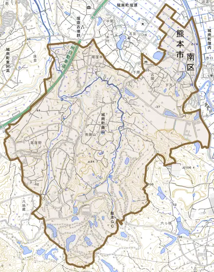 城南町藤山とその周辺の地図。町の範囲を重ねている
