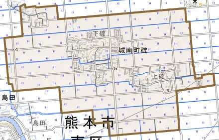 城南町碇とその周辺の地図。町の範囲を重ねている