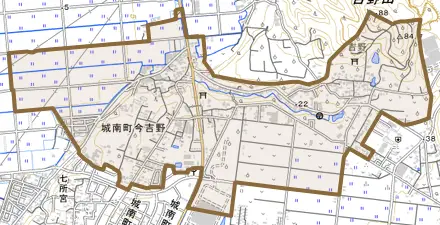 城南町今吉野とその周辺の地図。町の範囲を重ねている