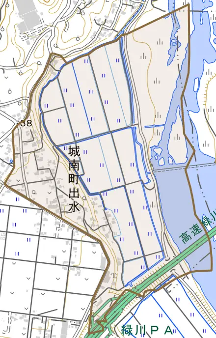 城南町出水とその周辺の地図。町の範囲を重ねている