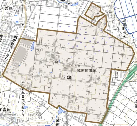 城南町舞原とその周辺の地図。町の範囲を重ねている