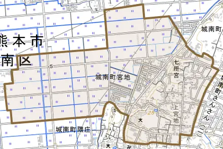 城南町宮地とその周辺の地図。町の範囲を重ねている