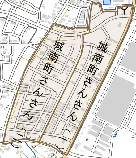 城南町さんさんとその周辺の地図。町の範囲を重ねている
