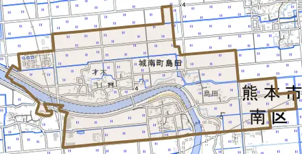 城南町島田とその周辺の地図。町の範囲を重ねている