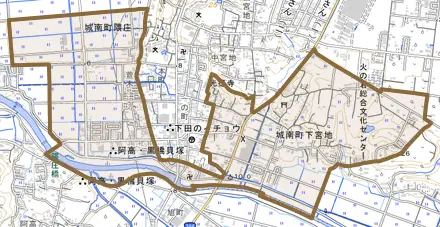 城南町下宮地とその周辺の地図。町の範囲を重ねている