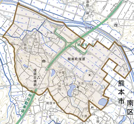 城南町塚原とその周辺の地図。町の範囲を重ねている