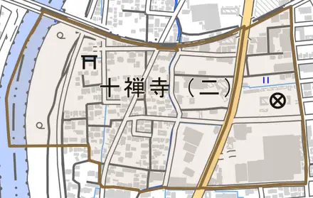 十禅寺とその周辺の地図。町の範囲を重ねている